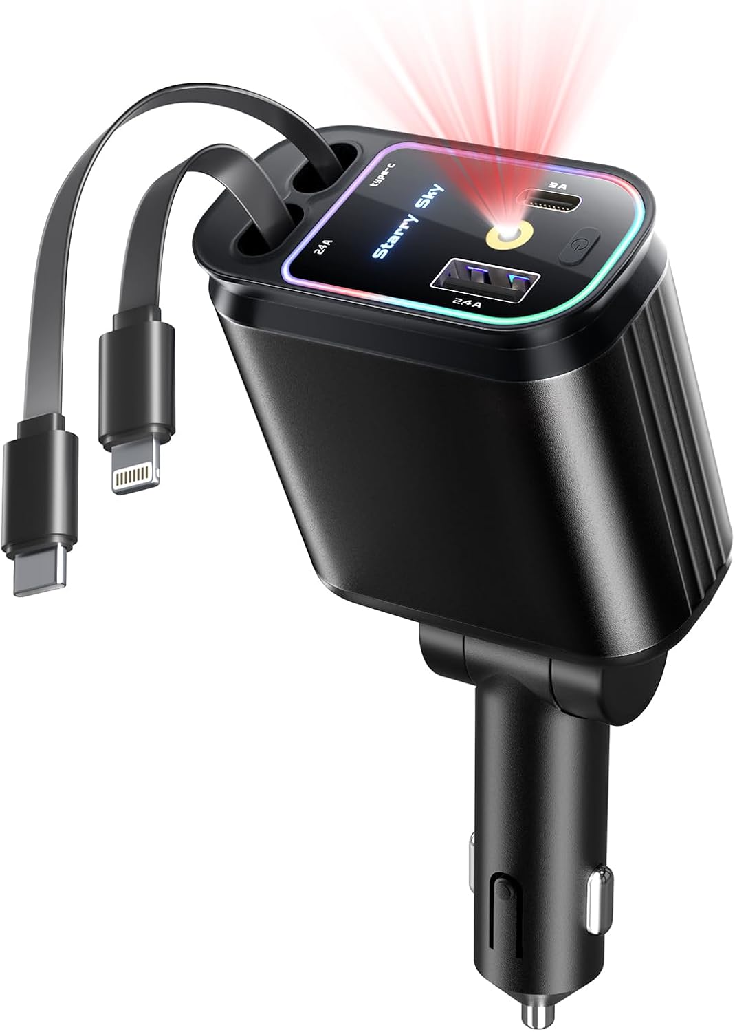 Starlight Retractable Car Charger with Retractable Cables, Starlight in Car Roof 4 in 1 Super Fast Car Phone Charger, 2 USB Ports Starry Sky Adapter, Compatible with Iphone 15 14 13