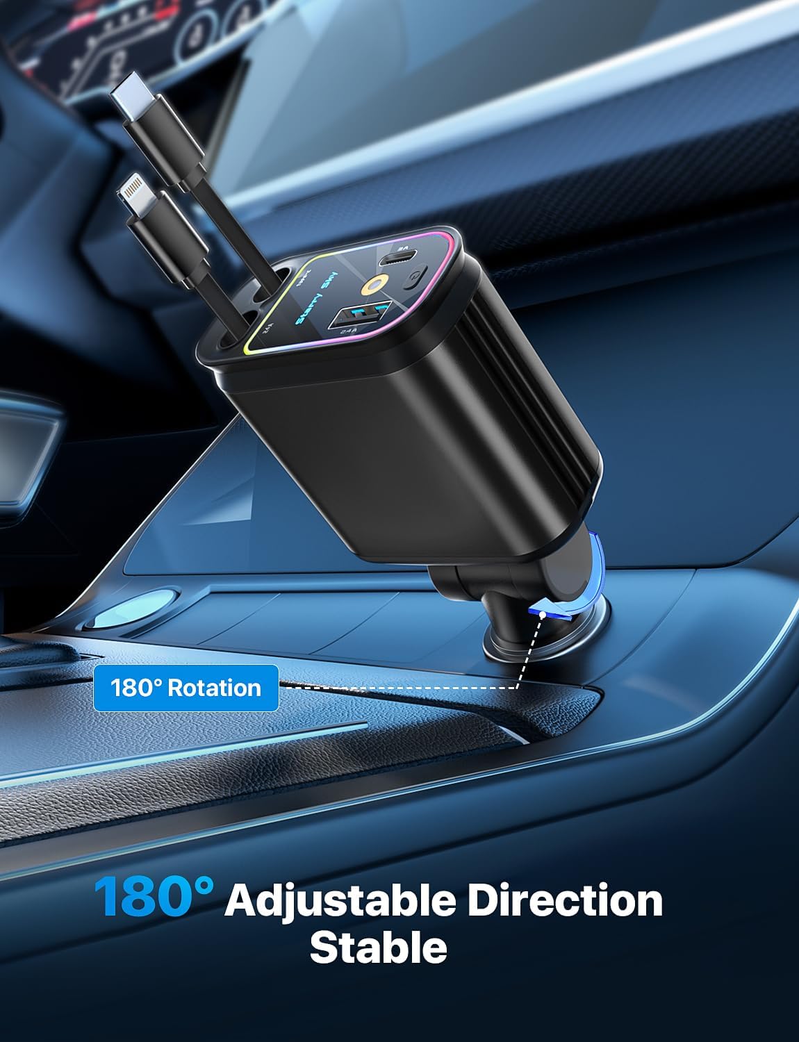 Starlight Retractable Car Charger with Retractable Cables, Starlight in Car Roof 4 in 1 Super Fast Car Phone Charger, 2 USB Ports Starry Sky Adapter, Compatible with Iphone 15 14 13